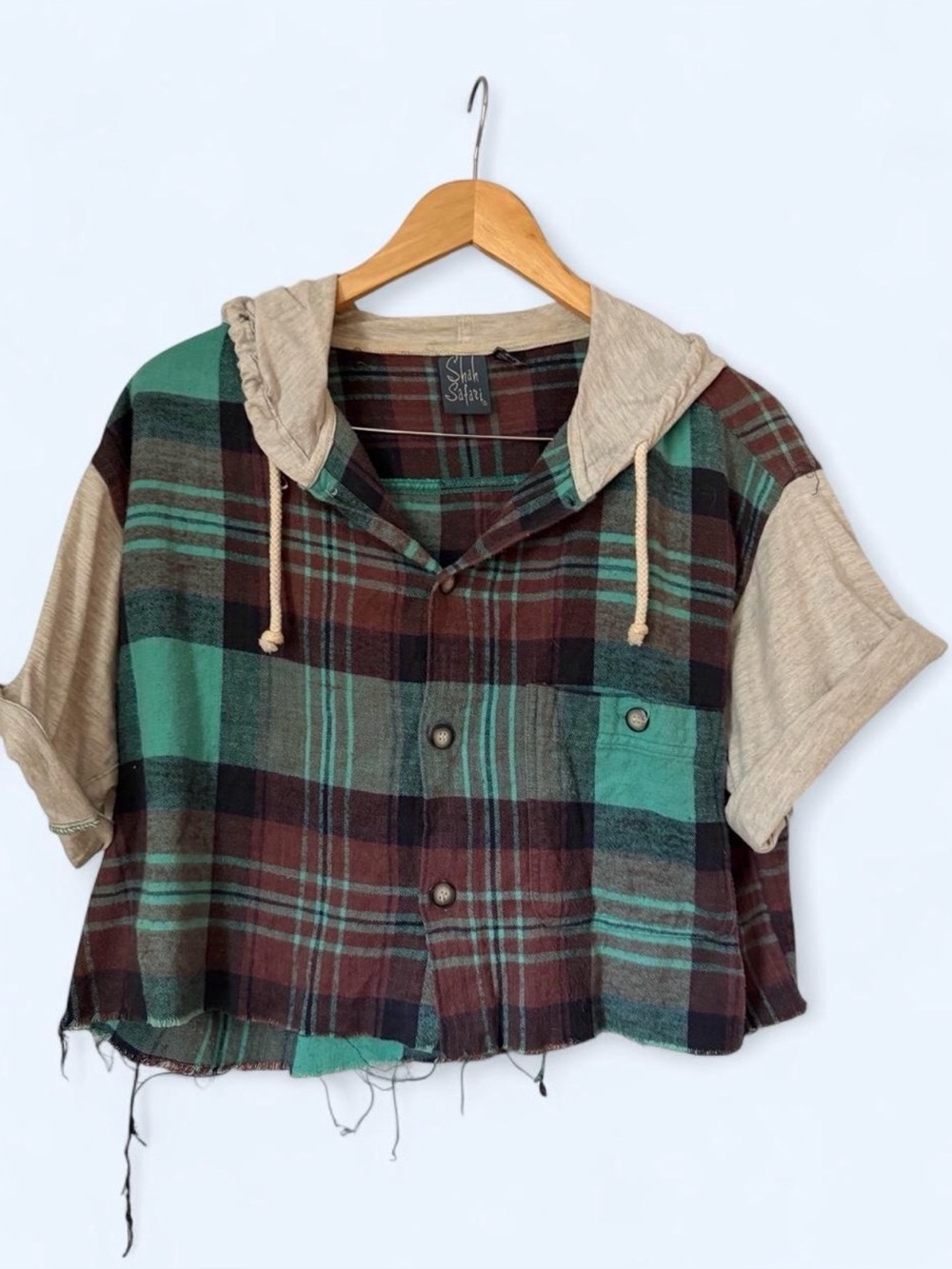 Vintage Flannel Short Sleeve Hooded Cropped Shirt  - Teal & Brown
